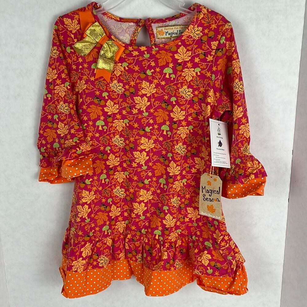 Magical Season Girls Knit Dress Fall Festive Pink Orange Leaves Mushrooms Ruffle